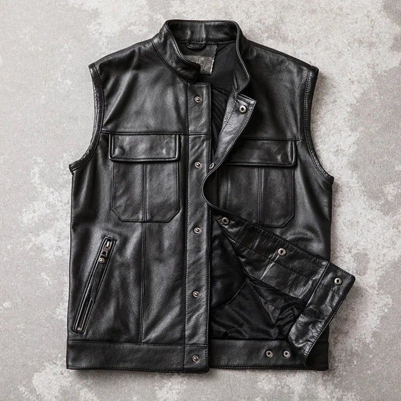 Cowhide Motorcycle Vests Real Cow Leather Jacket Sleeveless Black Moto Biker Vests Slim Fit Club Riding Spring