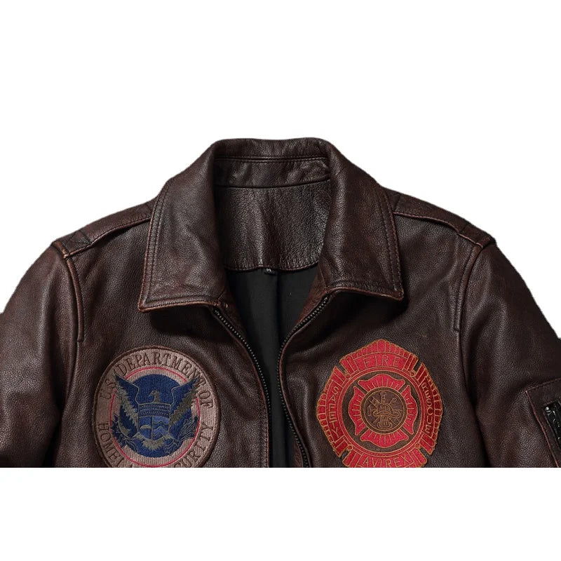 Vintage Red Brown Genuine Cow Leather Jacket Men Patches Air Force Flight Coats Male Motorcycle Biker Jackets Autumn