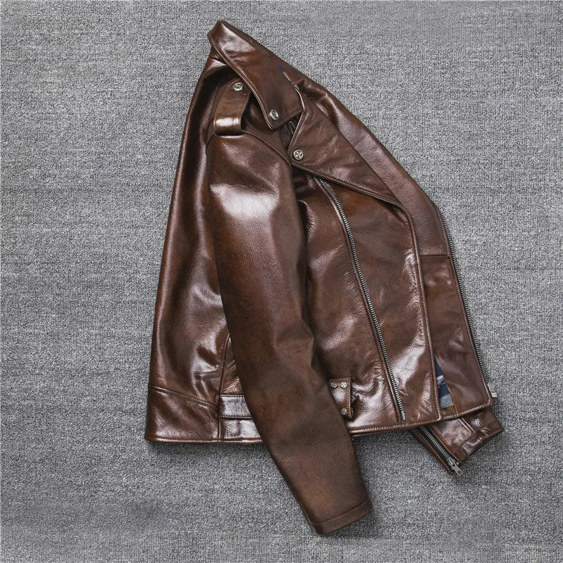 New Natural Oil Wax Calf Skin Jackets Men's Vintage Yellow Brown Leather Jacket Thick Turn Cowhide Slim Coats