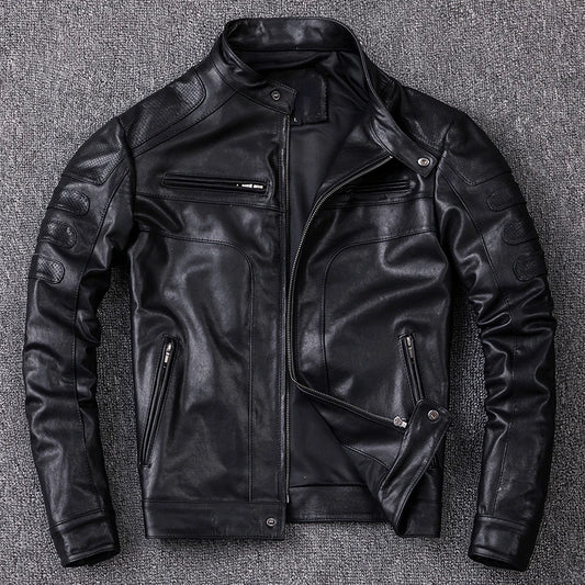 Men's Vegetable Tanned Sheepskin Leather Jacket Motorcycle Biker Jackets Slim Short Stand Collar Genuine Leather Clothes Coat