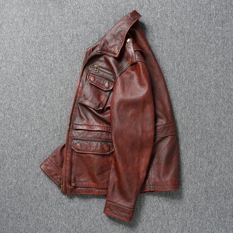 Vintage Red Brown Heavy M65 Hunting Jackets Long Head Layer Cowhide Leather Jacket Retro Leather Jacket Men's Motorcycle Jackets