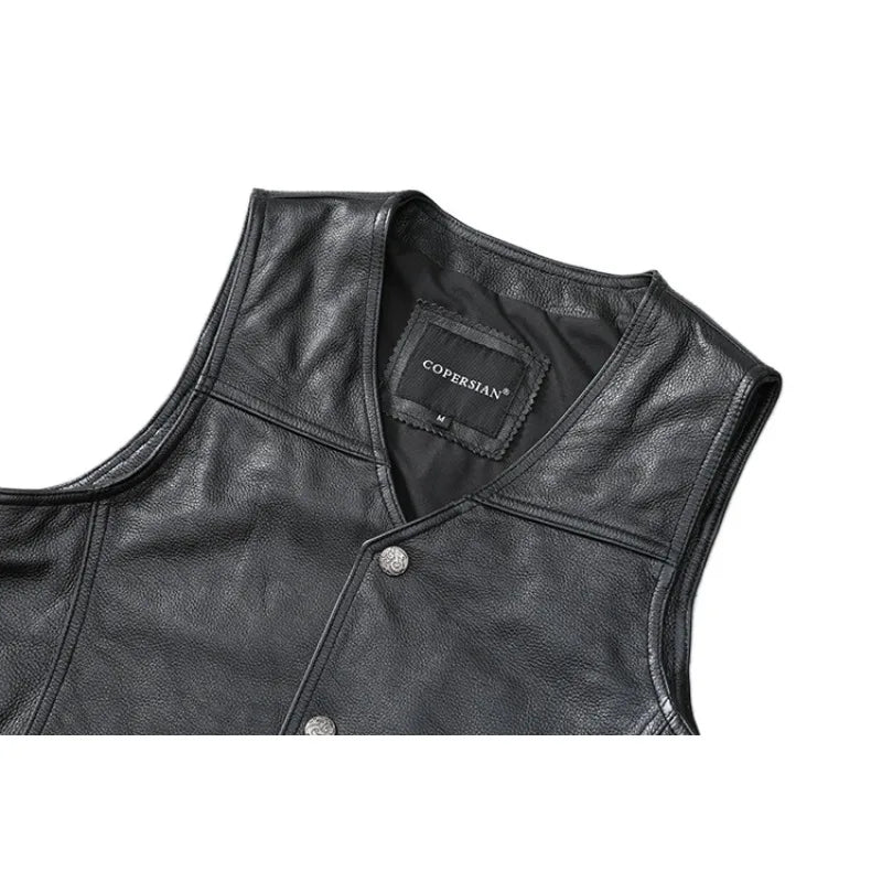Casual Black Men Cow Leather Vest V-Neck Slim Genuine Leather Vests Mens Cowhide Waistcoat