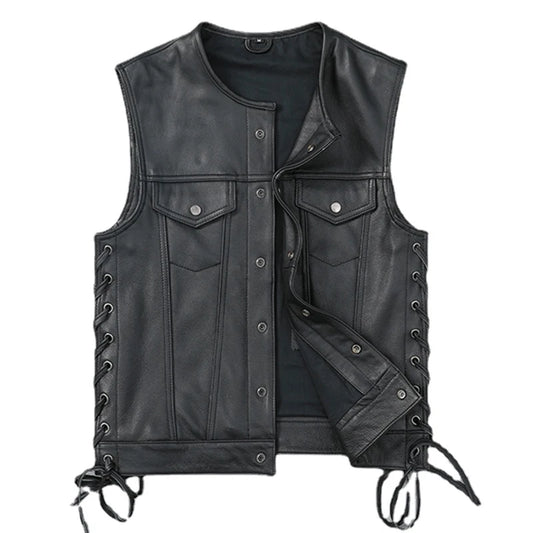 Soft Thin Cowhide Genuine Leather Vest for Men Sleeveless Jacket V-Neck Motorcycle Biker Waistcoat for Riding