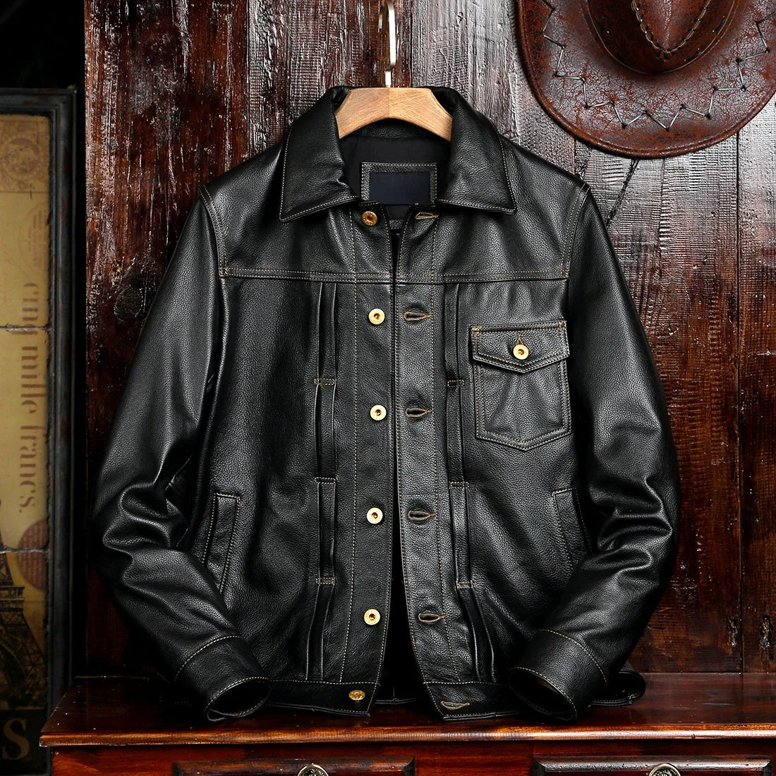 Classical 506 Style Men's Cowboy Natural Cowhide Jacket  Slim Quality Genuine Leather Coat Man Short Single Breasted Clothes