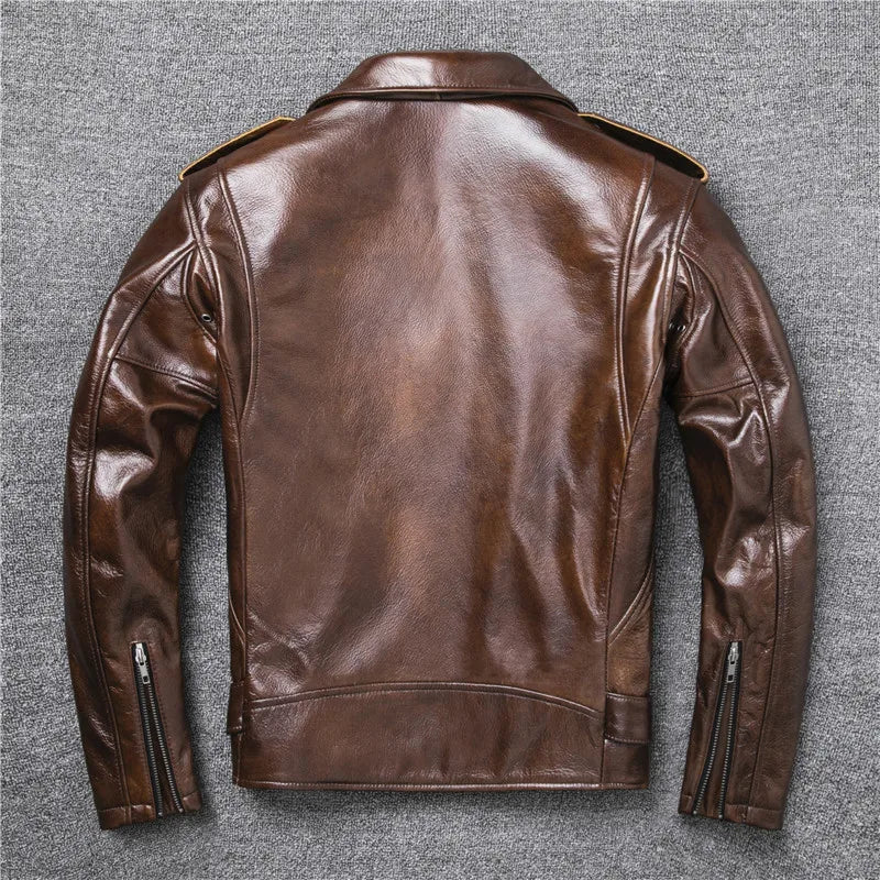 New Natural Oil Wax Calf Skin Jackets Men's Vintage Yellow Brown Leather Jacket Thick Turn Cowhide Slim Coats