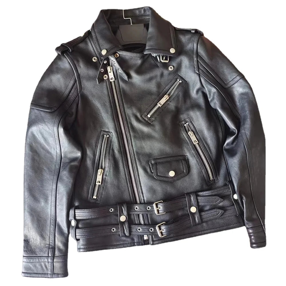 Oblique Zipper Leather Jacket Men Slim Fit Genuine Sheepskin Jacket Motorcycle Biker Coat Racer Jackets мужская куртка кожаная