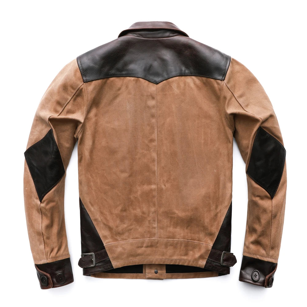 Fashion Men Jacket Men Oil Wax Genuine Leather Cowhide & Canvas Brown Green Slim Fit  Jackets Male Leather Coat Autumn M227