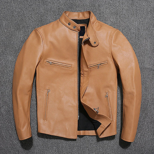 Slim Fit Mens Leather Jackets Light Yellow Real Cowhide Genuine Leather Jacket Men Autumn Jackets Male Skin Coats