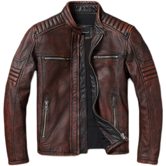 Real Cow Leather Jacket Men Motorcycle Jackets Genuine Cowhide Leather Vintage Men's Leather Coat Biker Clothing