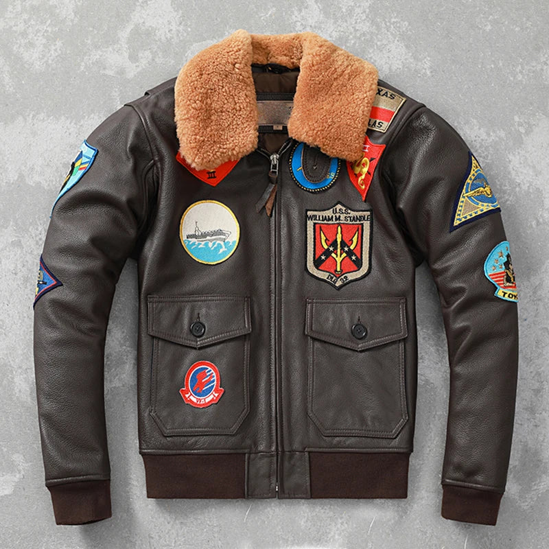 Embroidery Aviator Bomber G1 Flight Jacket Cowhide Leather Coat Men Air Force Winter Clothing Aviation Coats Real Fur 2XL-3XL