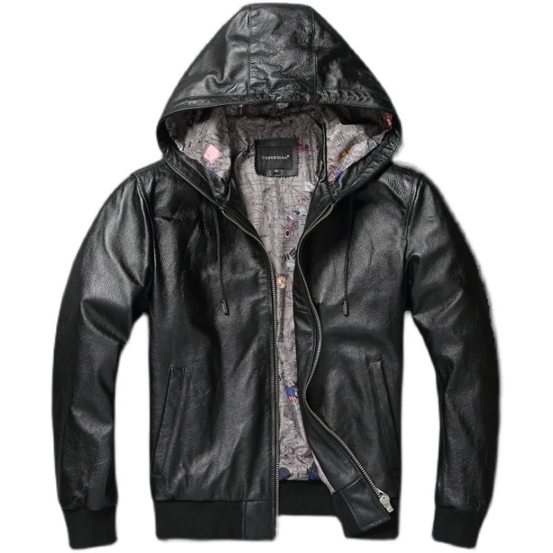 Men Leather Jacket with Hood Genuine Cowhide Slim Fit Male Skin Coat Spring Autumn Clothing  Chamarras De Cuero Para Hombre