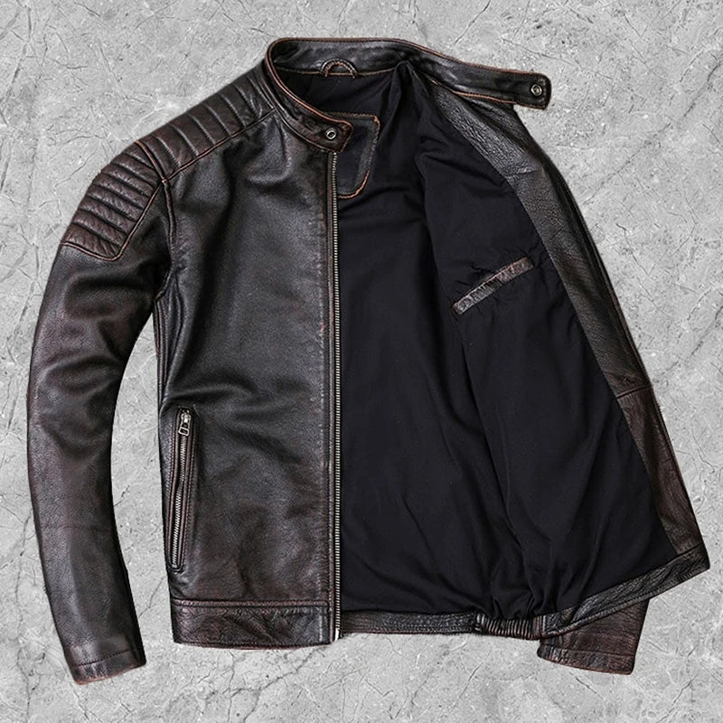 Spring Autumn Motorcycle Genuine Leather Jacket Men's Real Cowhide Coat Vintage Brown Slim Fit Clothes Chaqueta De Los Hombres