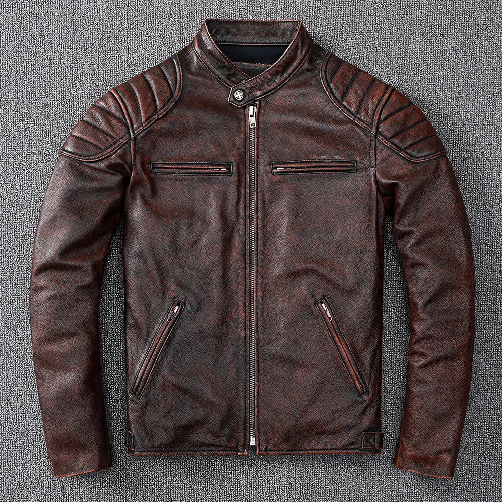 New Vintage Style Mens Real Cowhide Clothes Biker Genuine Leather Jacket Fashion Brown Leather Slim Coat Men Cow Leather Jacket