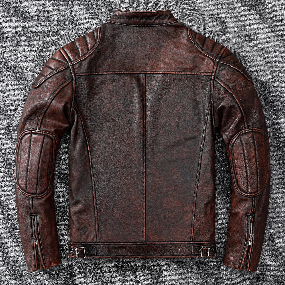 New Vintage Style Mens Real Cowhide Clothes Biker Genuine Leather Jacket Fashion Brown Leather Slim Coat Men Cow Leather Jacket