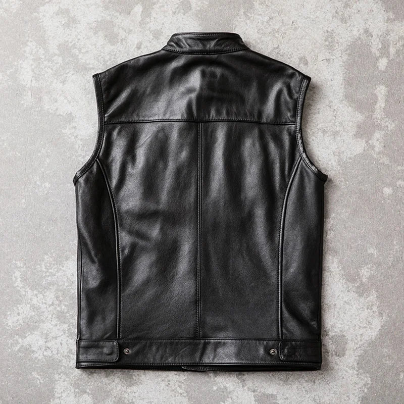 Cowhide Motorcycle Vests Real Cow Leather Jacket Sleeveless Black Moto Biker Vests Slim Fit Club Riding Spring