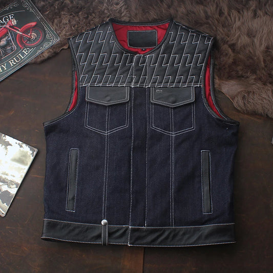 SOA Club Riding Biker Vests Motorcycle Leather Vest Men Real Cowhide Denim Patchwork Waistcoat Sons of Anarchy Sleeveless Jacket