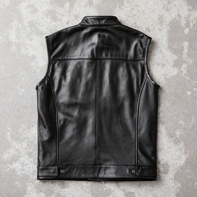 Motorcycle Biker Leather Vest Men Genuine Cow Leather Sleeveless Jackets 100% REAL Cowhide Stand Collar Waistcoat Outwear