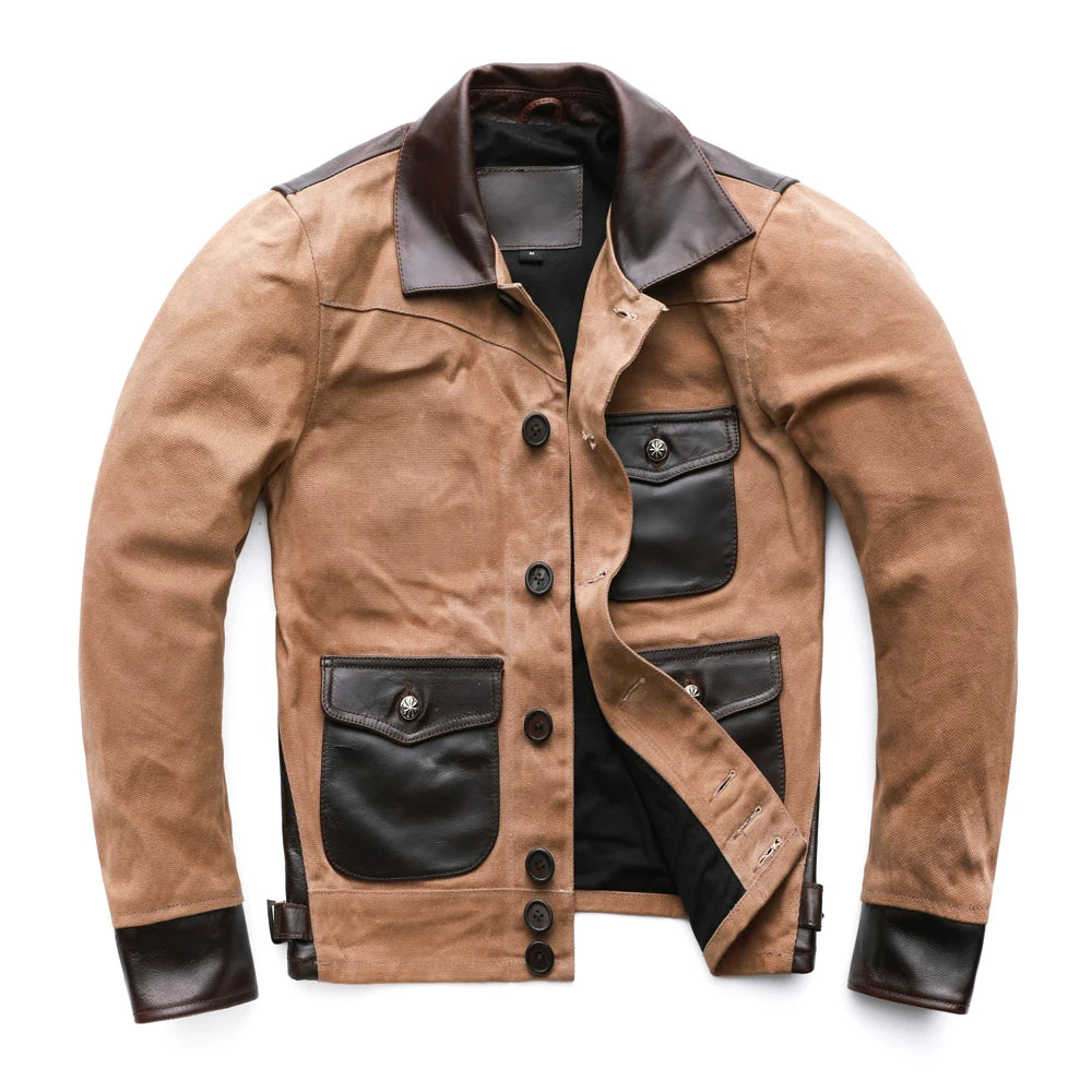 Fashion Men Jacket Men Oil Wax Genuine Leather Cowhide & Canvas Brown Green Slim Fit  Jackets Male Leather Coat Autumn M227