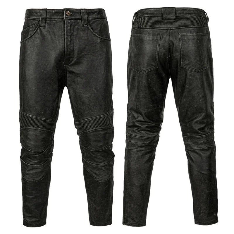 Vintage Motorcycle Leather Pant Men Genuine Cowhide LeatherTrousers Windproof Motor Riding Leather Pants Retro Autumn