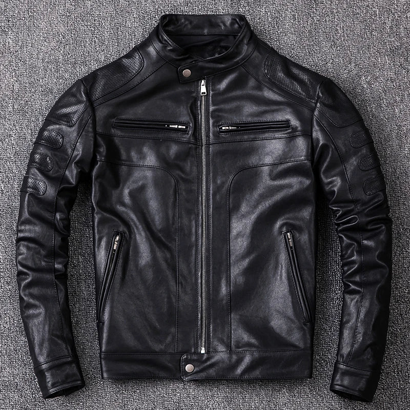 Men's Vegetable Tanned Sheepskin Leather Jacket Motorcycle Biker Jackets Slim Short Stand Collar Genuine Leather Clothes Coat