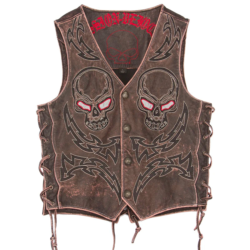 Vintage Skulls Embroidery Motorcycle Leather Vest 100% Genuine Cowhide Short Men Biker Leather Vest Moto Leather Waistcoat M450