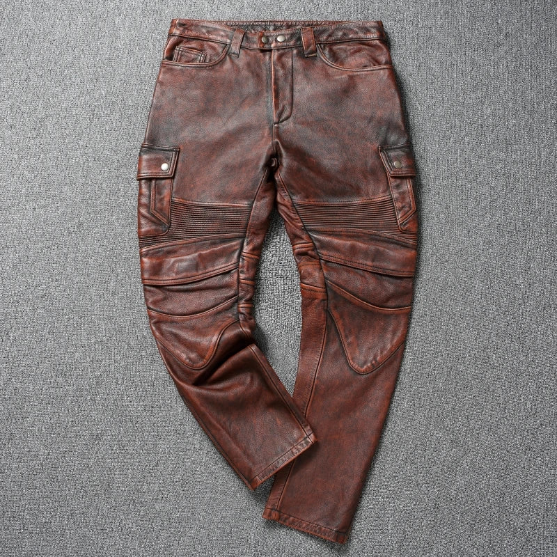 Vintage Red Brown Genuine Cowhide Motorcycle Leather Pant Men Thick Leather Trousers Man Moto Biker Slim Pants with Protectors