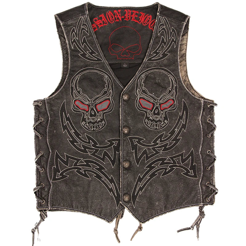 Vintage Skulls Embroidery Motorcycle Leather Vest 100% Genuine Cowhide Short Men Biker Leather Vest Moto Leather Waistcoat M450