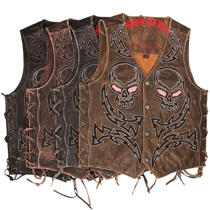 Vintage Skulls Embroidery Motorcycle Leather Vest 100% Genuine Cowhide Short Men Biker Leather Vest Moto Leather Waistcoat M450