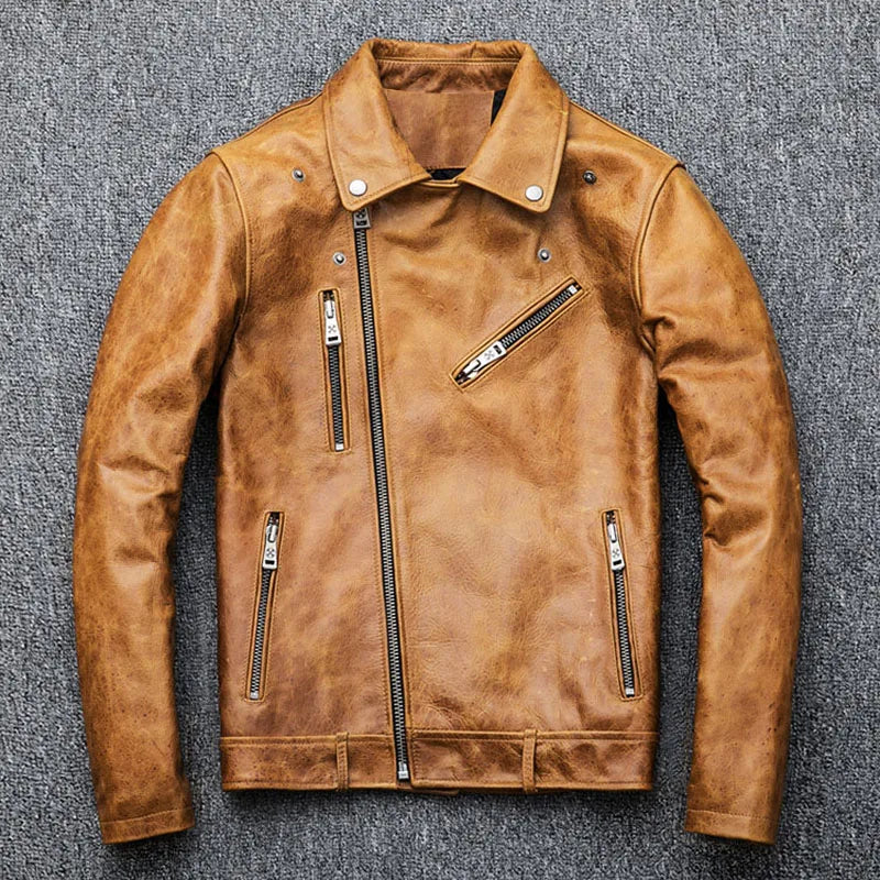 Natural Oil Wax Calf Skin Jackets Men Leather Jacket Thick Turn Down Collar Yellow Brown Men's Skin Coat Winter M098