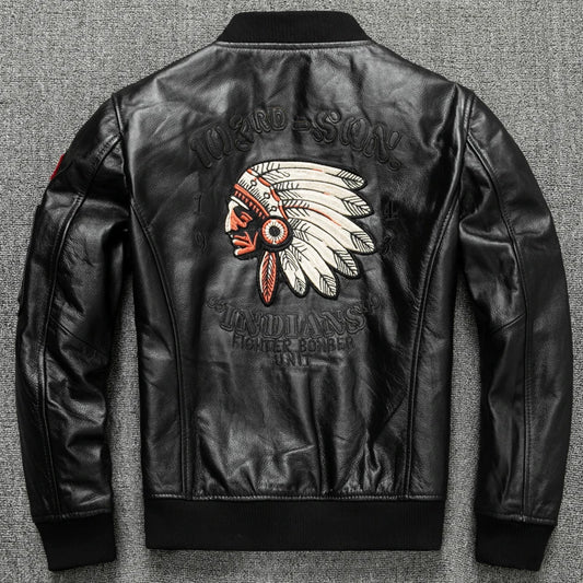 New Fashion Indian Embroidery Baseball Jacket   Natural Genuine Leather Coat Men's Cowhide Leather Motorcycle Slim Jackets