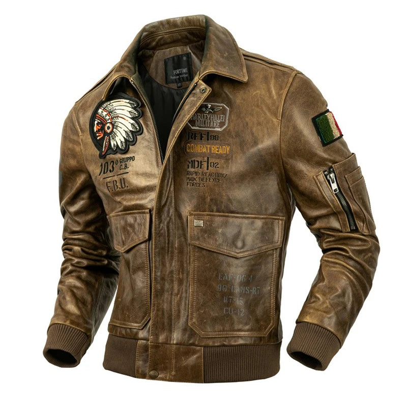 Indian Embroidery Skull Flight Jackets Oil Waxed Horsehide Genuine Leather Jacket Men Air Force Pilot Coat Aviator Clothes