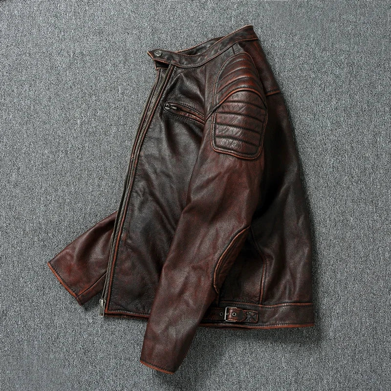 Vintage Red Brown Men Leather Jacket 100% Cowhide Jackets Slim Fit Soft Skin Coat Autumn Jaqueta Masculina De Couro