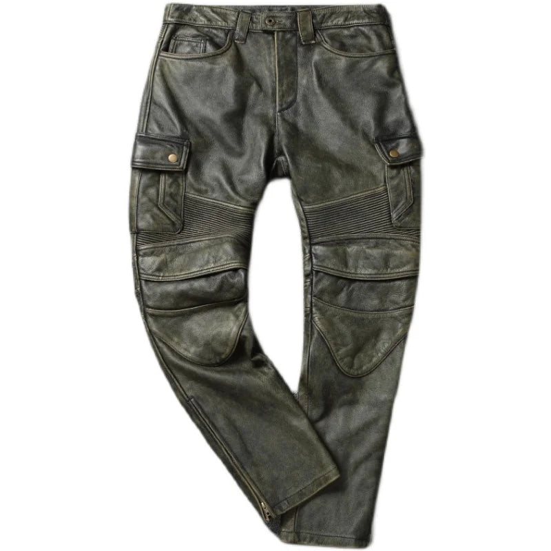 Vintage Army Green Men Leather Pant Genuine Cowhide Motorcycle Pants Mens Leather Trousers Calca Masculina Pantalones Hombre