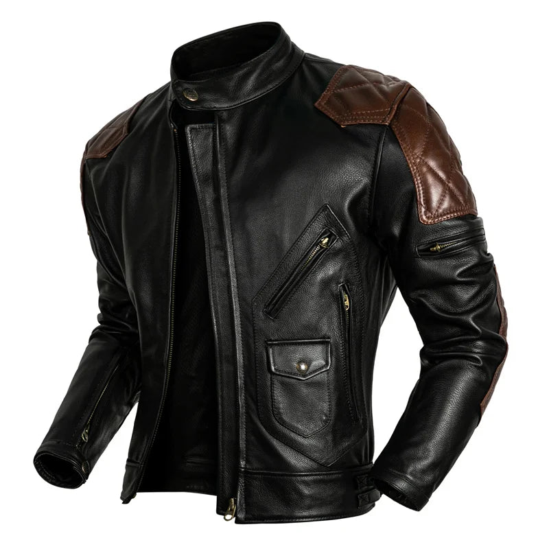 NEW Motorcycle Coat Cowhide Leather Jacket Men's Natural Genuine Leather Clothes Protective Motor Biker Slim Men Riding Coat