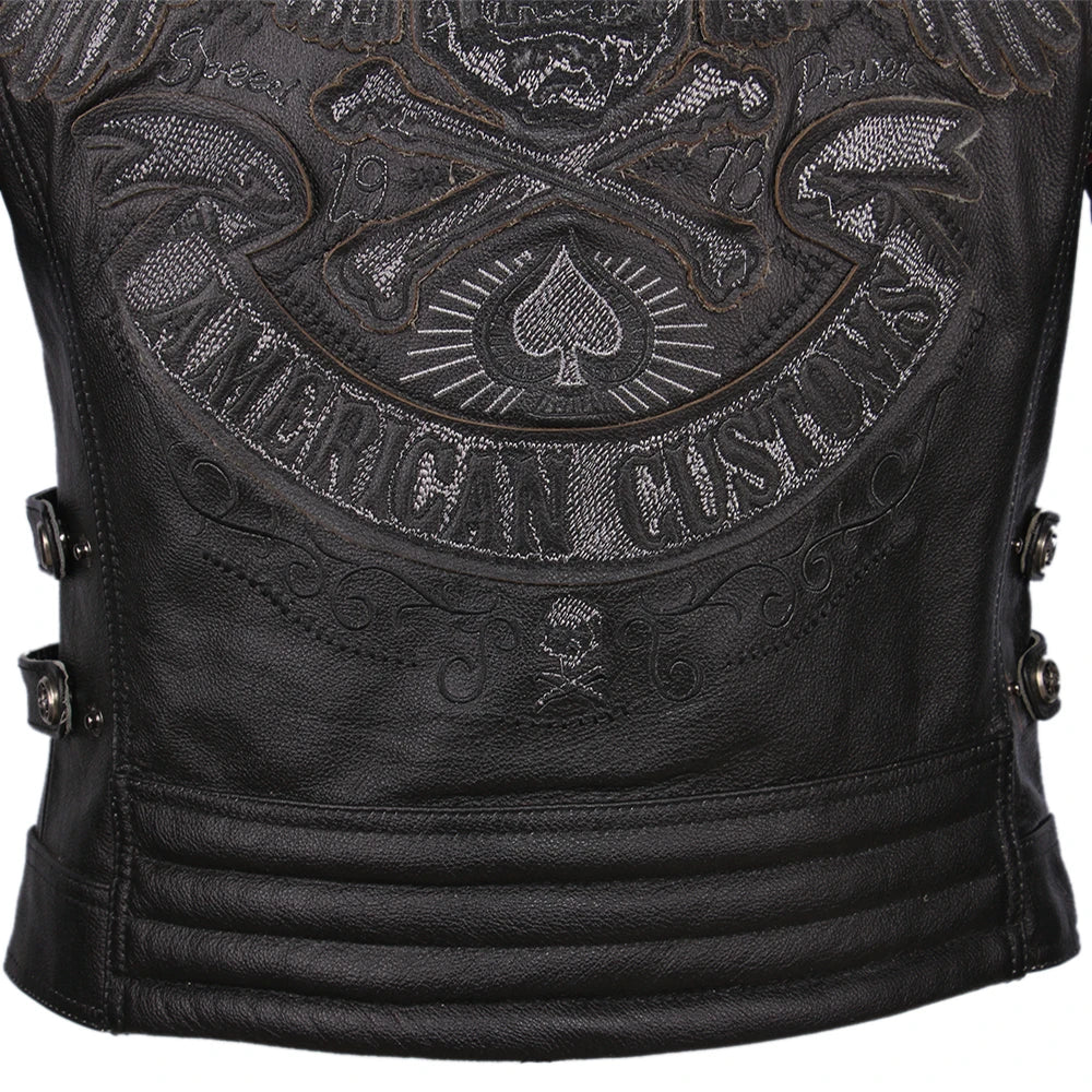 Black Embroidery Skull Motorcycle Leather Jackets 100% Natural Cowhide Moto Jacket Biker Leather Coat Winter Warm Clothing M219
