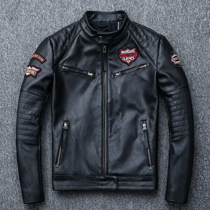 New Black Embroidery Skull Motorcycle Leather Jackets Natural Cowhide Motor Jacket Biker Leather Coat Slim Clothing Racer Coats