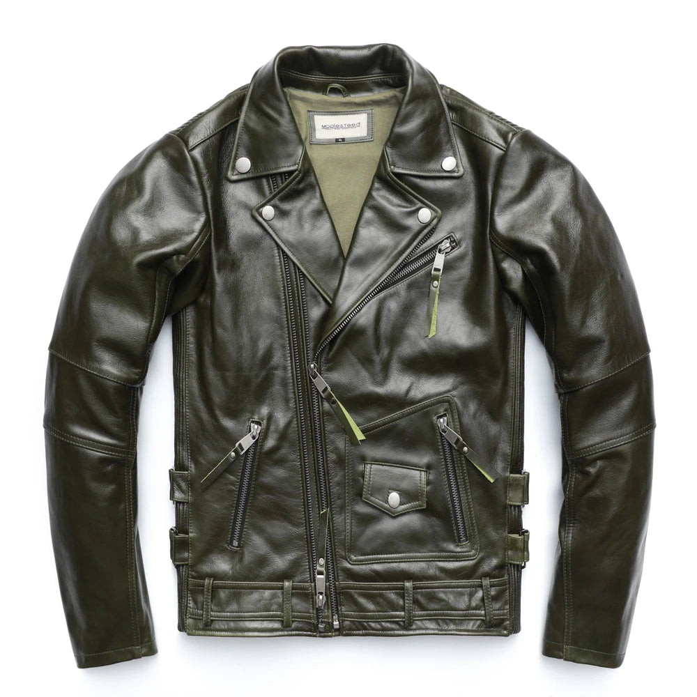 Unique Army Green Motorcycle Jacket Men Leather Jacket 100% Oil wax Cowhide Motor Biker Jacket Male Leather Coat Winter M455