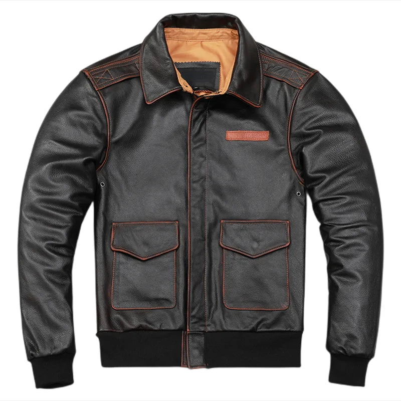 Men Cow Leather Jacket A2 Flight Jackets Hand Edged Aviator Bomber Coat Men Leather Jacket 항공점퍼가죽 Куртка бомбер Летная куртка