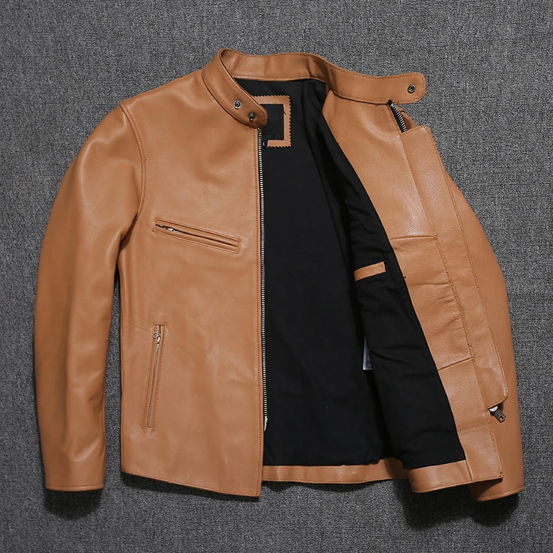 Slim Fit Mens Leather Jackets Light Yellow Real Cowhide Genuine Leather Jacket Men Autumn Jackets Male Skin Coats