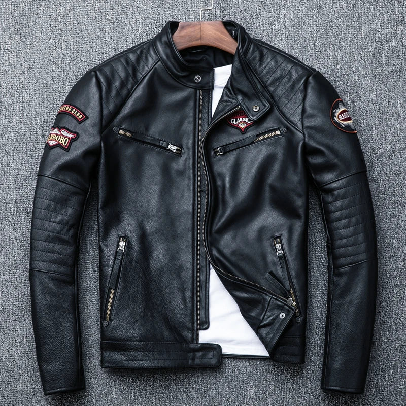 New Black Embroidery Skull Motorcycle Leather Jackets Natural Cowhide Motor Jacket Biker Leather Coat Slim Clothing Racer Coats