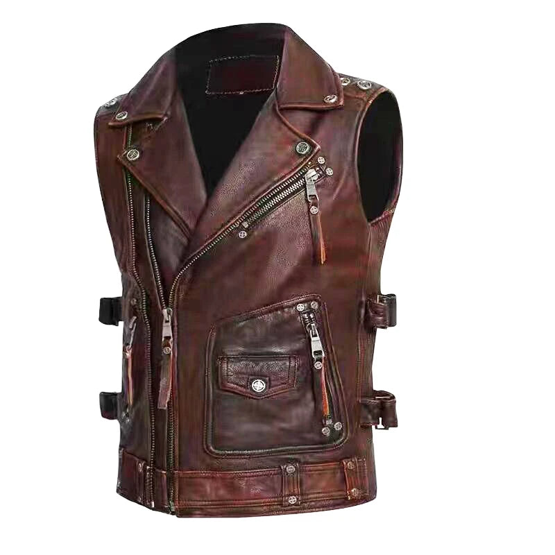 Vintage Brown Genuine Cow Leather Vest Men Motorcycle Vests Black Men's Biker Jacket Sleeveless Motor Club Riding