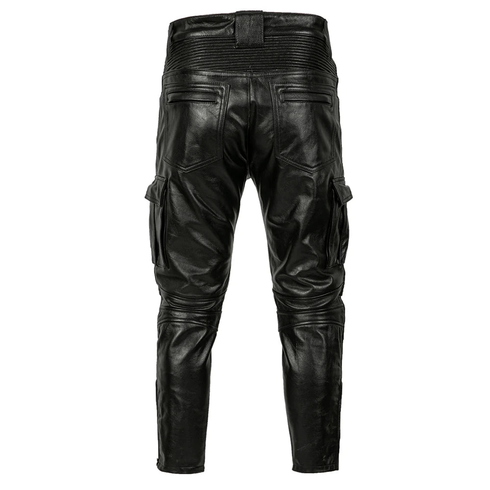 New Black Motorcycle Leather Pant First Layer Cowhide Leather Trousers Men Motor Riding Clothes Windproof Biker Pants Autumn