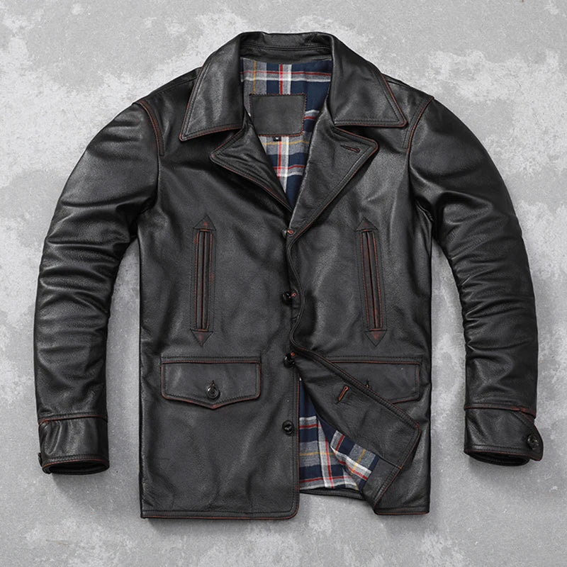 Casual Men Genuine Leather Jacket Soft Cow Leather Coat Edged Vintage Long Windbreaker Mens Clothes