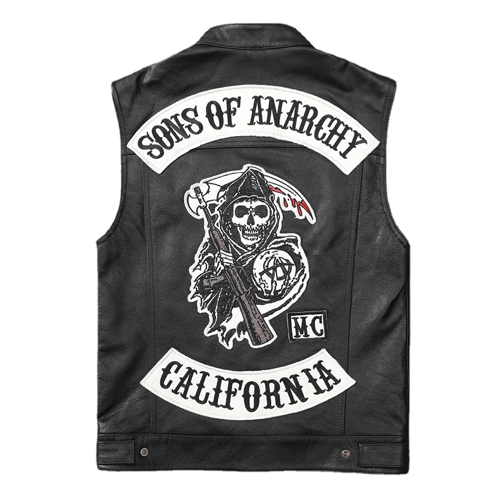 Sons of Anarchy Classical Motorcycle Biker Leather Vest Men Genuine Cowhide Leather Sleeveless Jackets Motor Vests Asian Size