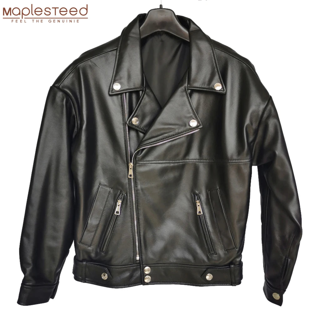 Maplesteed Women Genuine Leather Jacket Soft 100% Natural Sheepskin Drop-Shoudler Loose OVERSIZE Bust 110-126cm M487