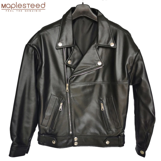 Maplesteed Women Genuine Leather Jacket Soft 100% Natural Sheepskin Drop-Shoudler Loose OVERSIZE Bust 110-126cm M487