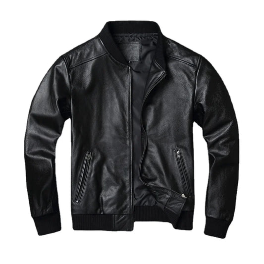 Black Cow Genuine Leather Bomber Jacket Men Cowhide Real Leather Jacket Coat Short  Slim Business Jacket Leather Clothing