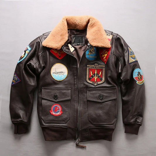 Aviator Bomber G1 Pilot Leather Jacket Plus Size Real Fur Collar Cowhide Biker Leather Coat For Men Flight Jacket Winter 2XL-3XL