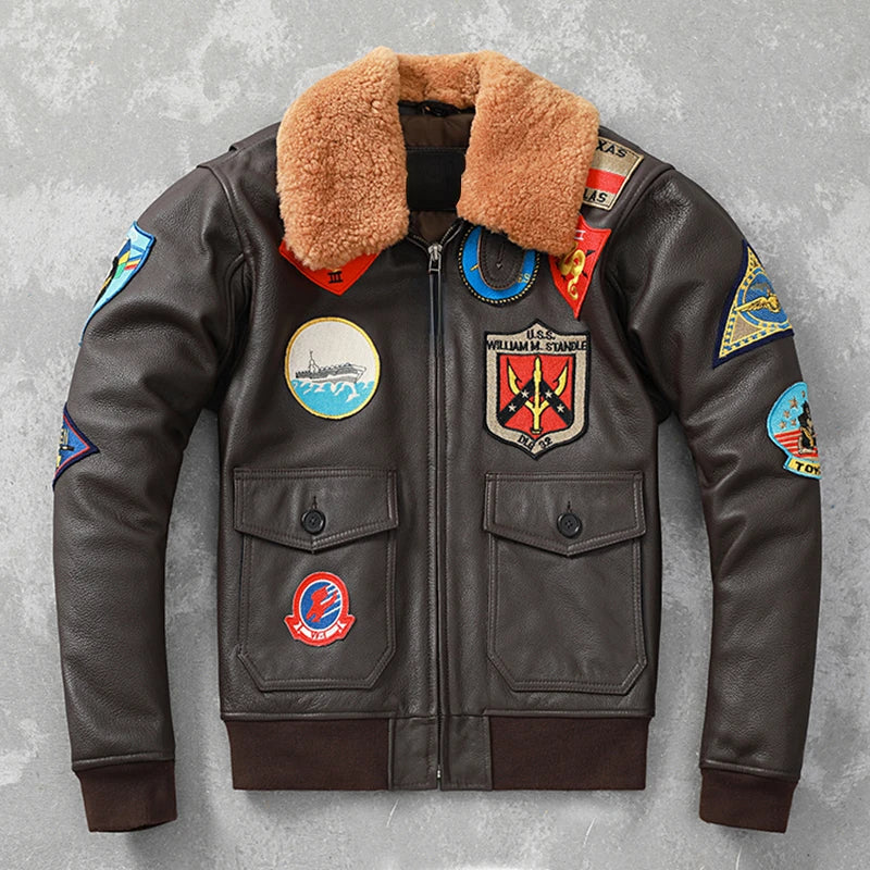 Embroidery Aviator Bomber G1 Flight Jacket Cowhide Leather Coat Men Air Force Winter Clothing AviationCoats Real Fur Collar M-XL