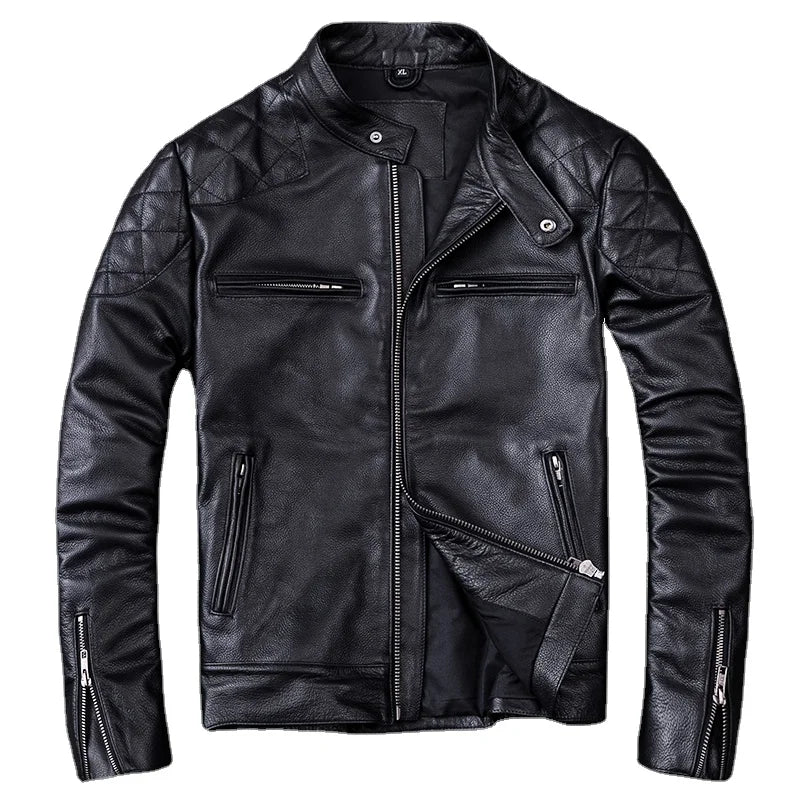 Spring and Autumn Natural Cowhide Leather Jacket Men Motorcycle Jackets Biker Clothing Man Slim Real Leather Coat